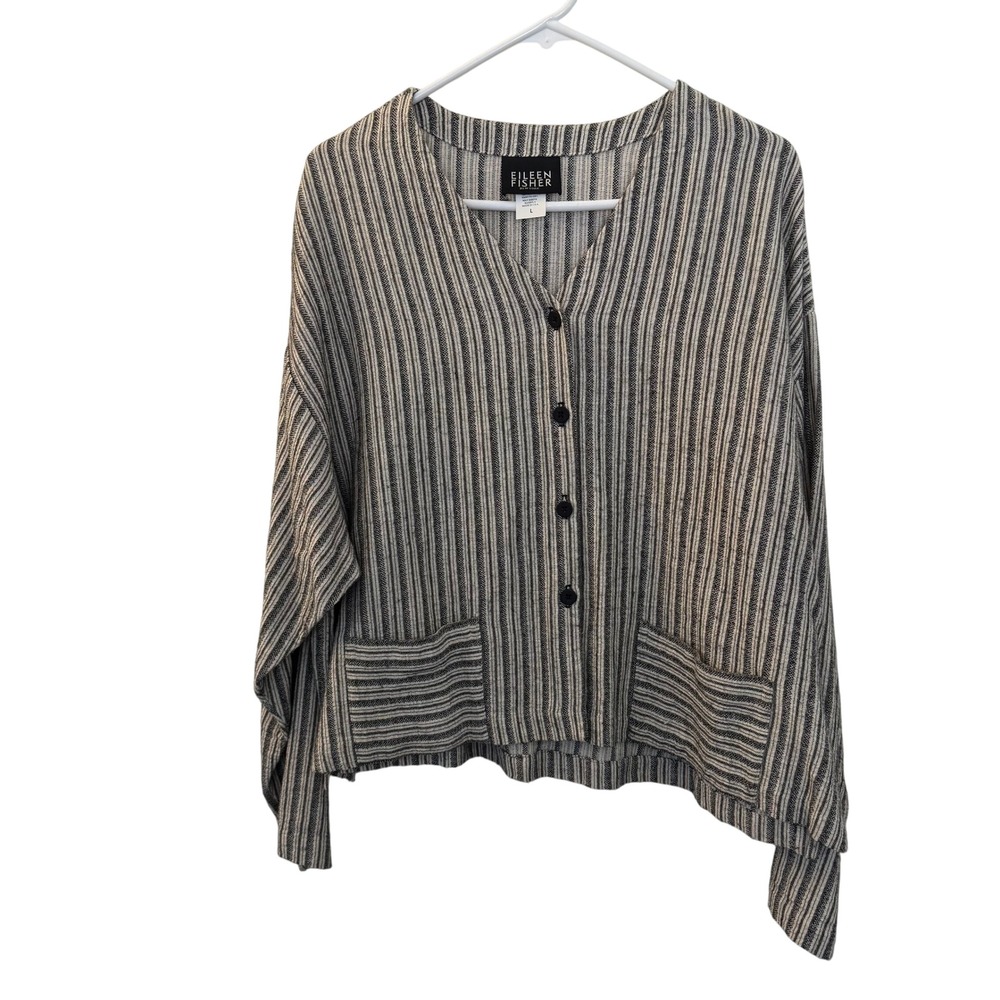 Eileen Fisher Striped Boxy‎ Button Top Linen Cotton Blend Black Cream L